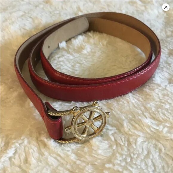 Vintage Red Genuine Leather Novelty Belt With Gold Nautical Ship Wheel Buckle - Picture 4 of 13